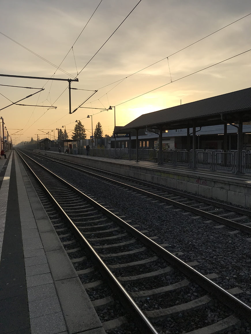 Empty Train Station Tracks at Sunrise with Overhead Wires