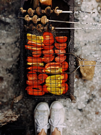 Top View of Grilled Vegetables and Mushrooms on Outdoor Grill