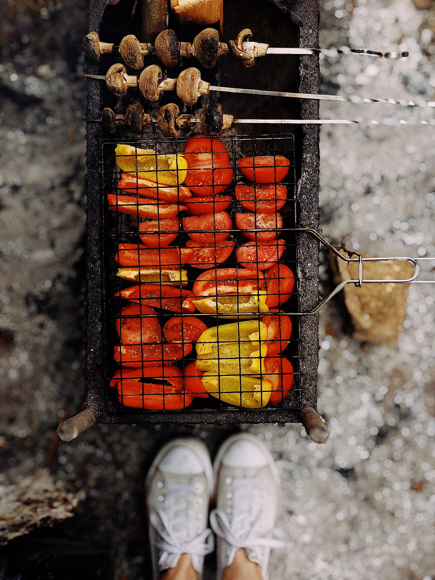 Top View of Grilled Vegetables and Mushrooms on Outdoor Grill