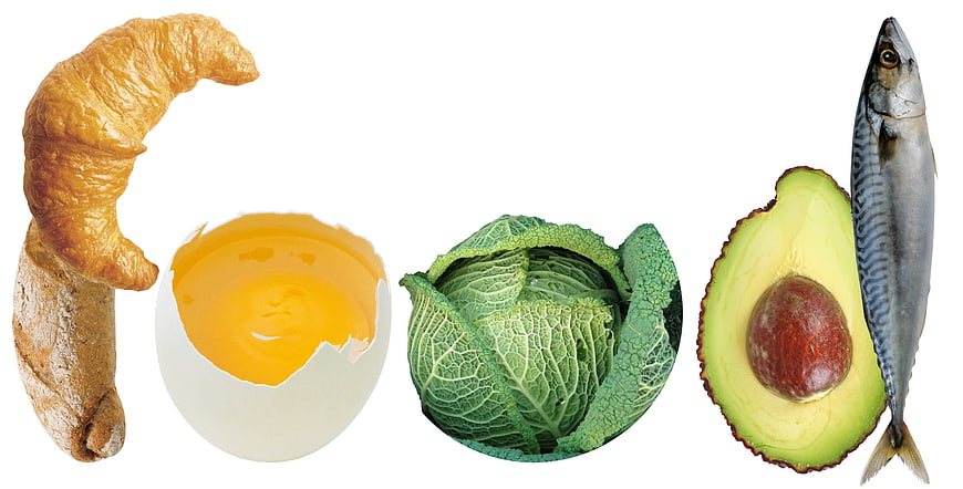 Food items spelling FISH on white background