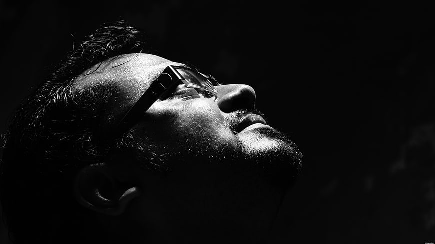 Dramatic Black and White Portrait of Man Looking Up