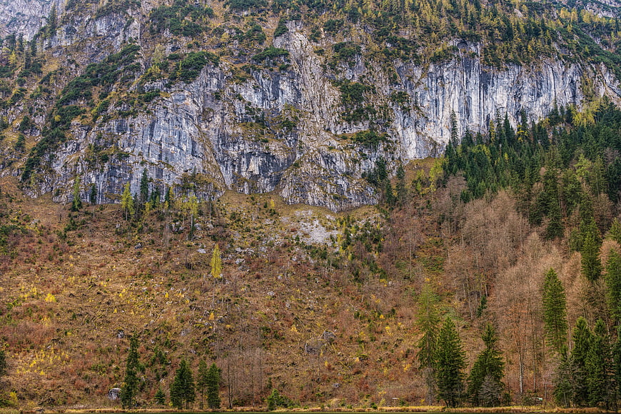 Steep Rocky Mountain Cliff with Autumn Forest