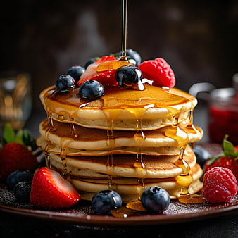 Stack of Pancakes with Honey and Fresh Berries