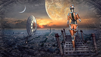 Female Robot Standing On Wooden Bridge Over Paris Cityscape At Sunset