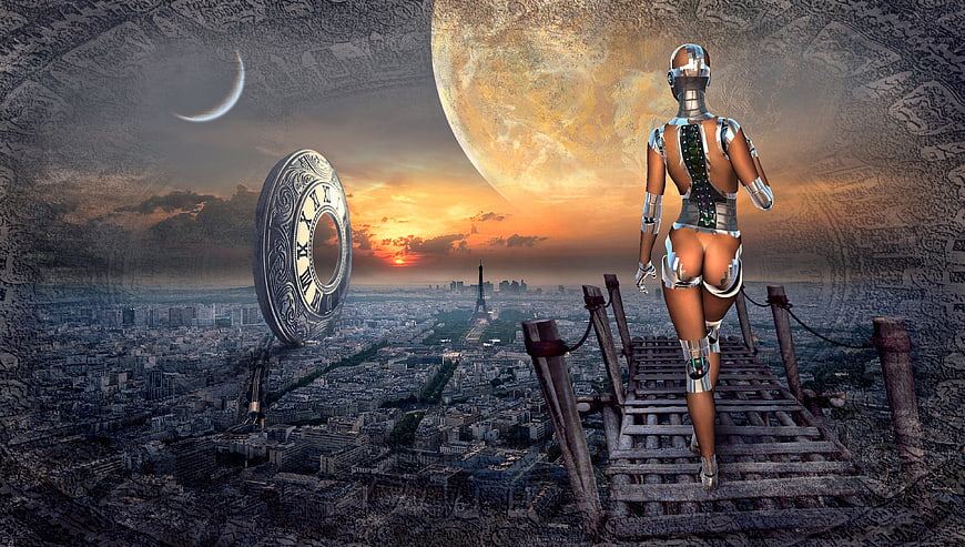 Female Robot Standing On Wooden Bridge Over Paris Cityscape At Sunset