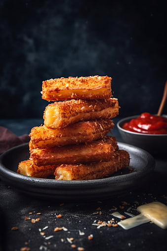 Stack of crispy fried cheese sticks with ketchup dip
