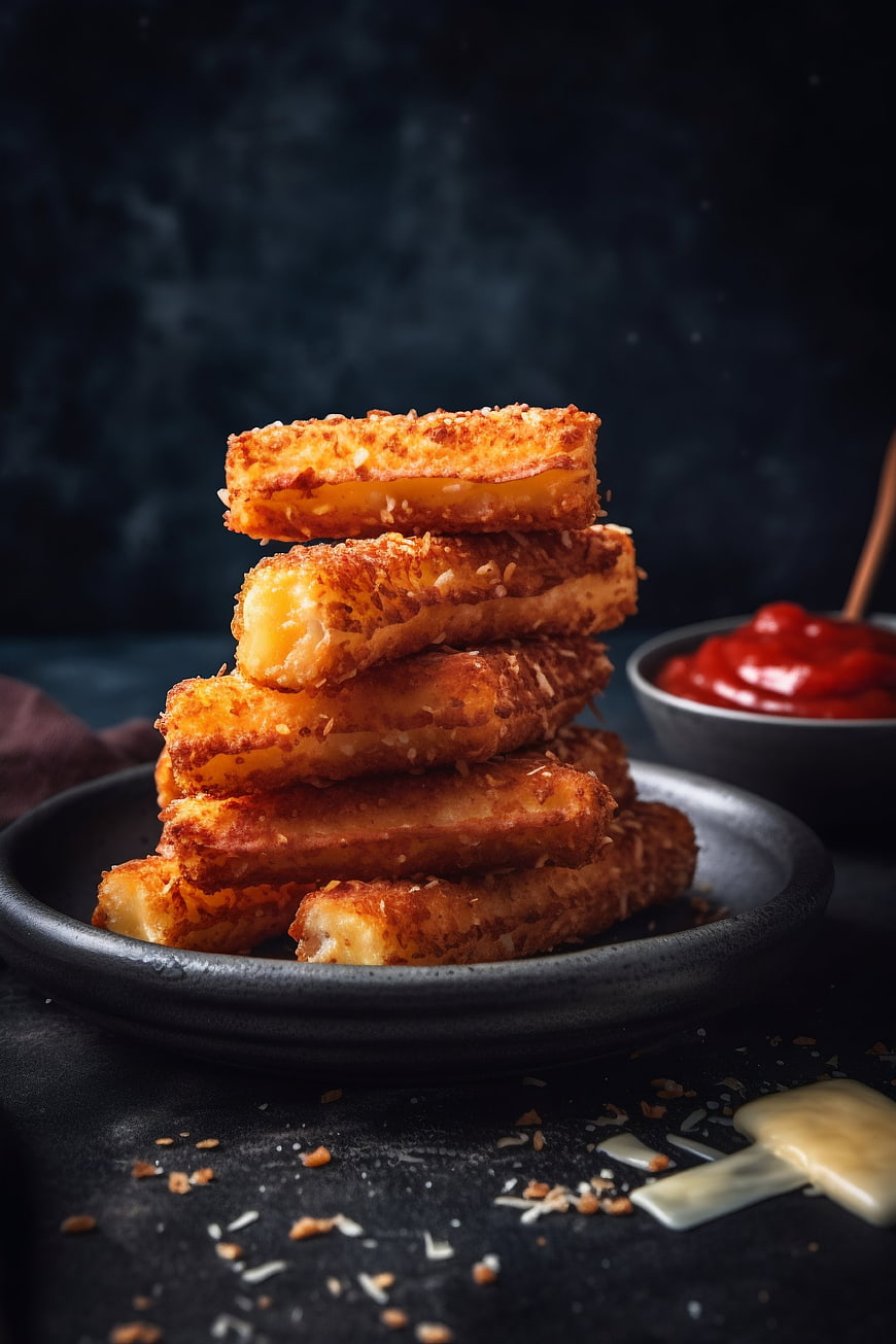 Stack of crispy fried cheese sticks with ketchup dip