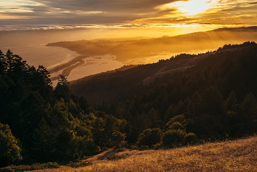 Golden Sunset Over Coastal Mountain Ridge and Forest