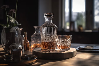 Crystal whiskey decanter and glass on wooden tray