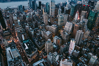 Aerial View of New York City Skyline at Dusk