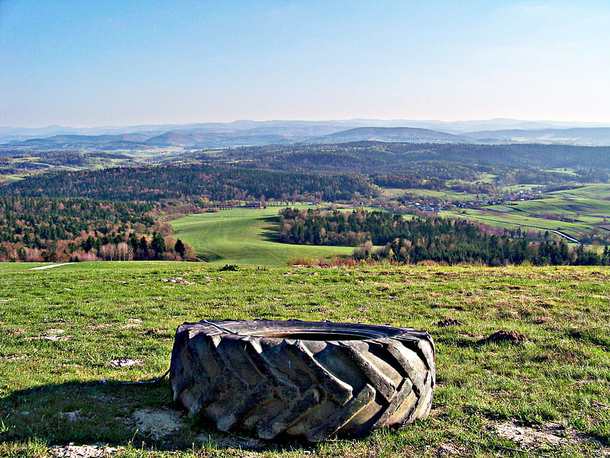 Old tractor tire in green meadow with mountain landscape