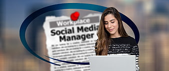 Woman Working On Laptop With Social Media Manager Job Advertisement