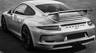 Rear Three-Quarter View of Silver Porsche 911 GT3 Sports Car