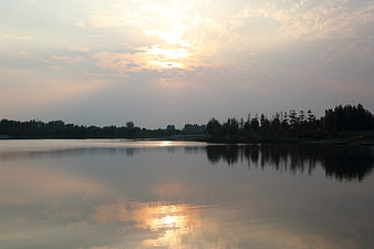 Serene Lake Sunset with Tree Reflections and Golden Sky