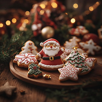 Festive Christmas Cookies on Wooden Platter with Holiday Decor