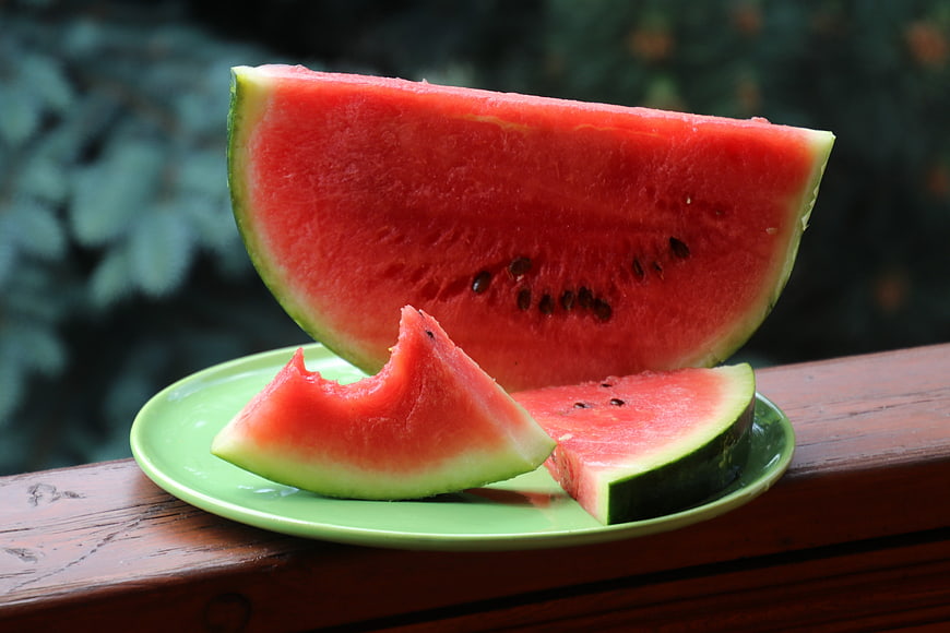 Fresh Sliced Watermelon on Green Plate Outdoors