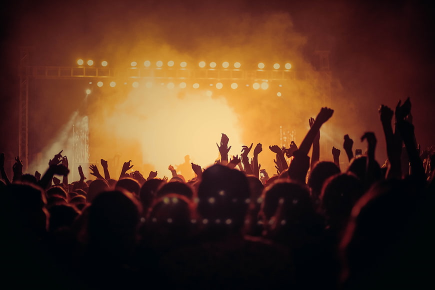 Silhouette of concert crowd with raised hands under stage lights