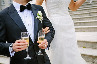 Bride and Groom Toasting with Champagne Glasses