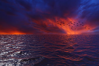 Dramatic Ocean Sunset With Flying Birds And Vibrant Red Clouds