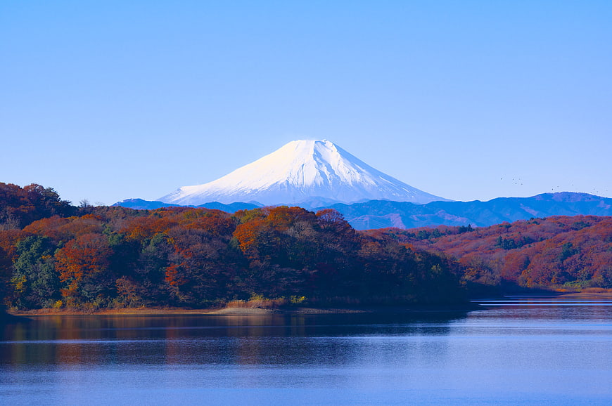 Mount Fuji Reflection in Lake with Autumn Foliage