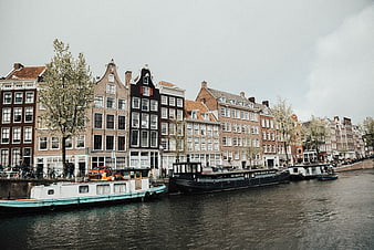 Amsterdam Canal Houses and Boats on Overcast Day