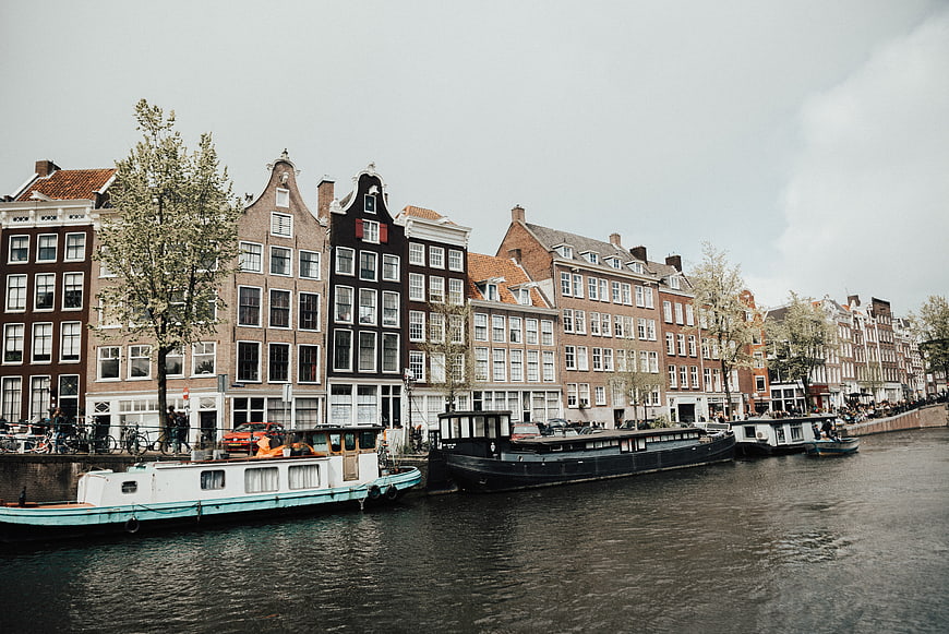 Amsterdam Canal Houses and Boats on Overcast Day