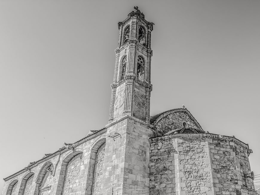 Black and white low angle view of historic Orthodox church tower