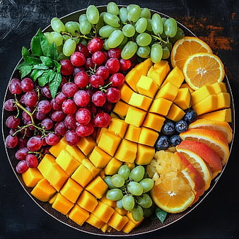 Overhead View of Colorful Fresh Fruit Platter with Grapes and Mango