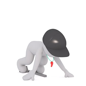 3D cartoon character in starting blocks wearing a cap and whistle
