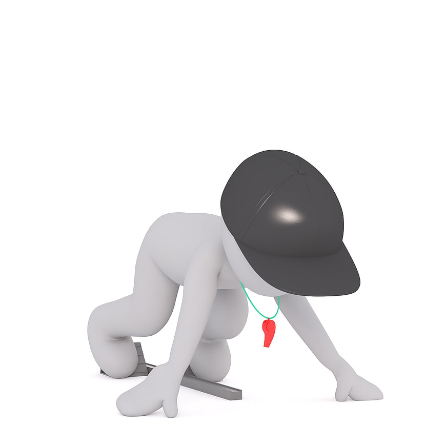 3D cartoon character in starting blocks wearing a cap and whistle