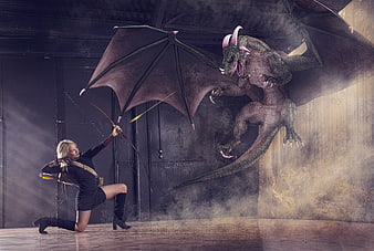 Blonde Archer Woman Confronting Giant Dragon In Dark Fantasy Setting