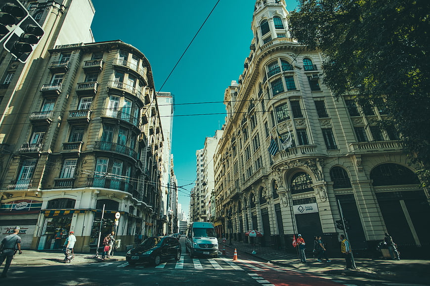 Wide angle street view of historic European architecture in Buenos Aires