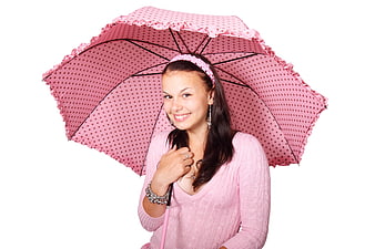 Smiling Woman with Pink Polka Dot Umbrella on White Background