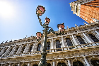 Low angle view of ornate lamp post in Venice Piazza San Marco