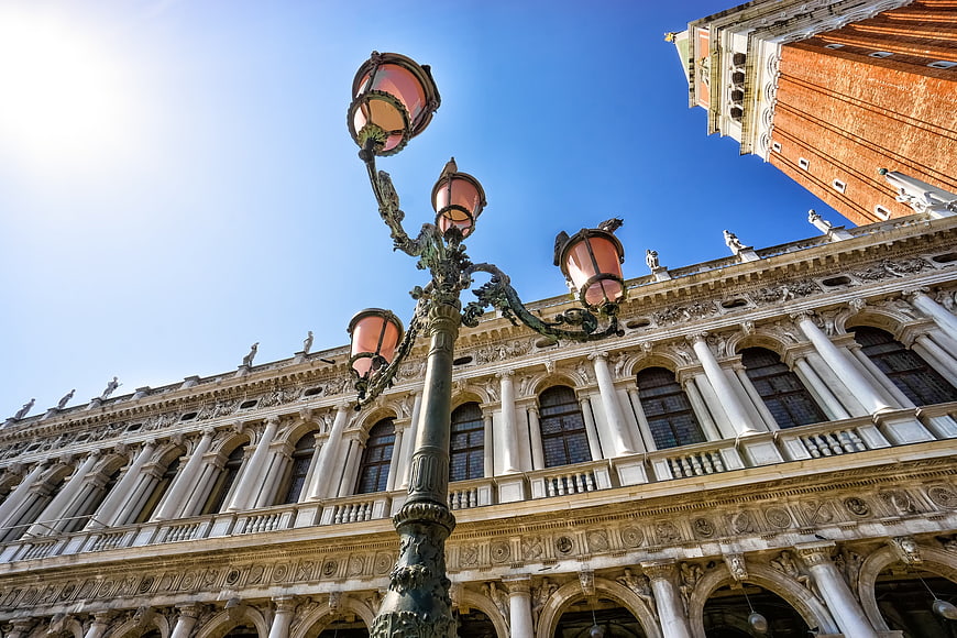Low angle view of ornate lamp post in Venice Piazza San Marco