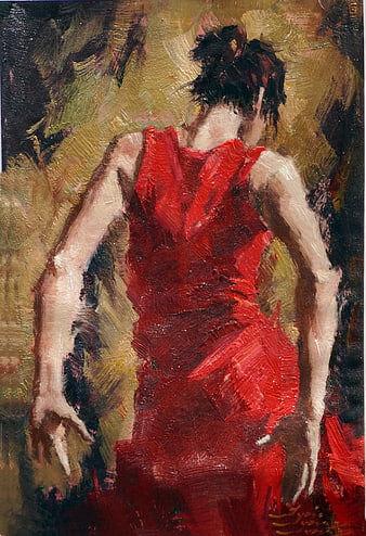 Impasto Oil Painting of Woman in Red Dress Dancing