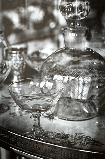 Vintage Black and White Glassware on Decorative Tray
