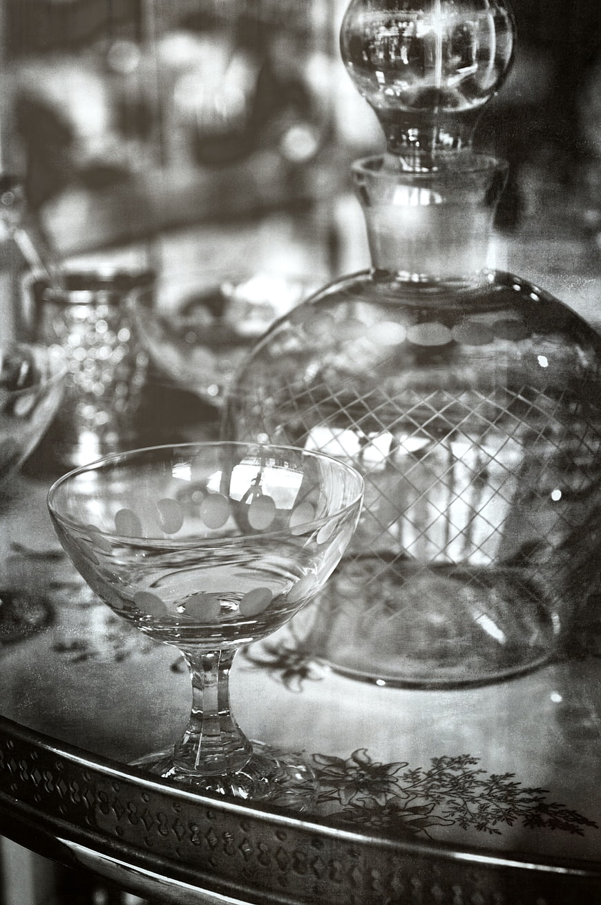 Vintage Black and White Glassware on Decorative Tray