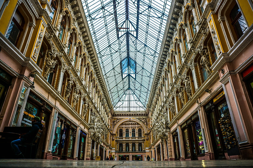 Grand Glass Ceiling of Historic Shopping Arcade Interior