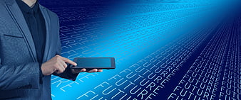 Businessman Holding Tablet Against Blue Futuristic Digital Background