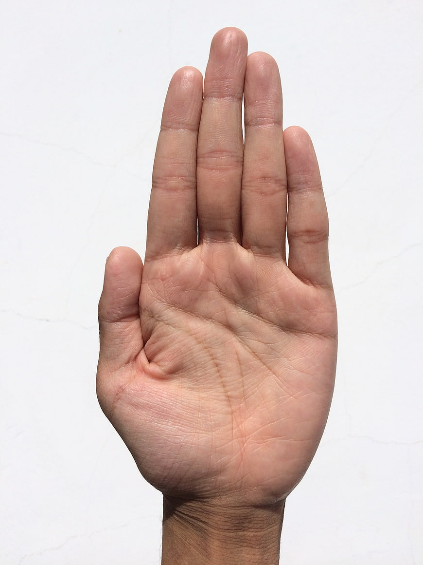 Close-up of open human palm on white background