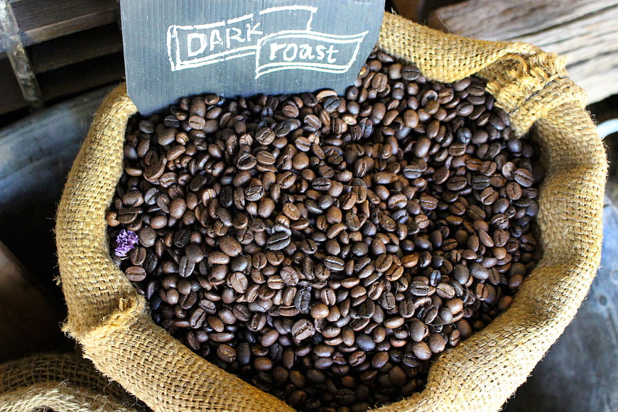 Dark Roast Coffee Beans in Burlap Sack