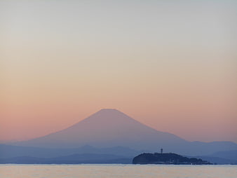 Mount Fuji Silhouette at Sunset Over Calm Sea and Enoshima Island