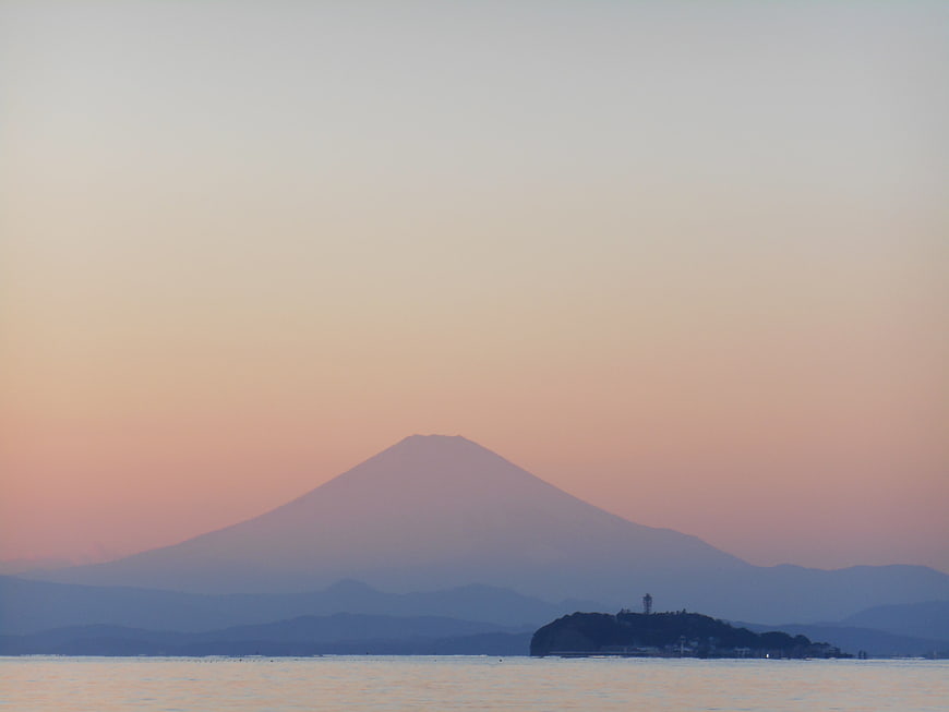 Mount Fuji Silhouette at Sunset Over Calm Sea and Enoshima Island