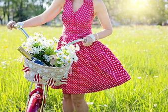 Woman in red polka dot dress with bicycle basket of daisies in summer field