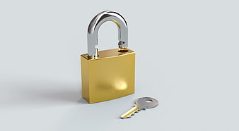 Open gold padlock with silver key on light gray background
