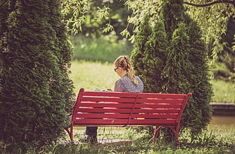 Woman Reading on Red Bench in Park
