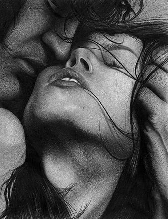 Black and white pencil drawing of intimate couple kissing