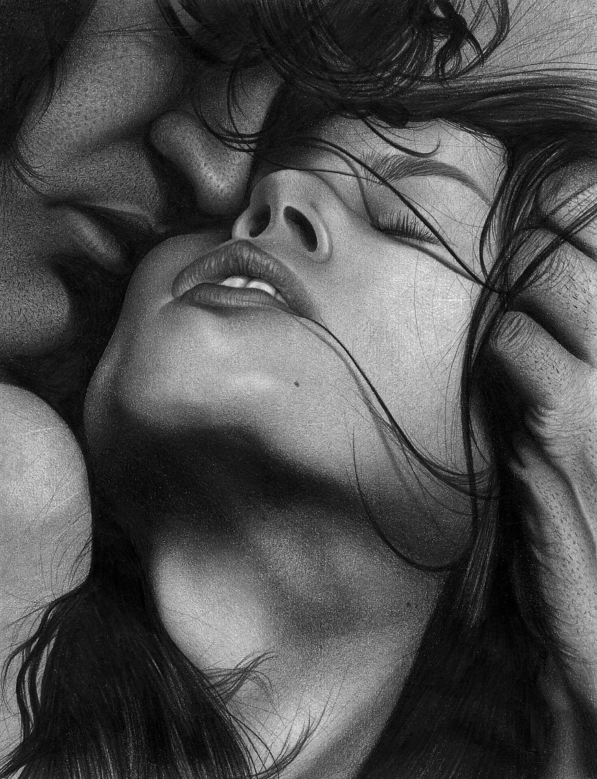 Black and white pencil drawing of intimate couple kissing