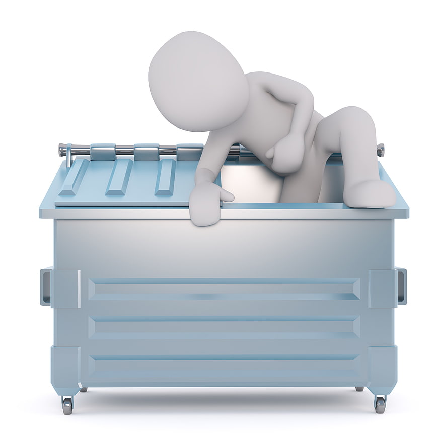 3D white figure crawling into blue industrial waste container